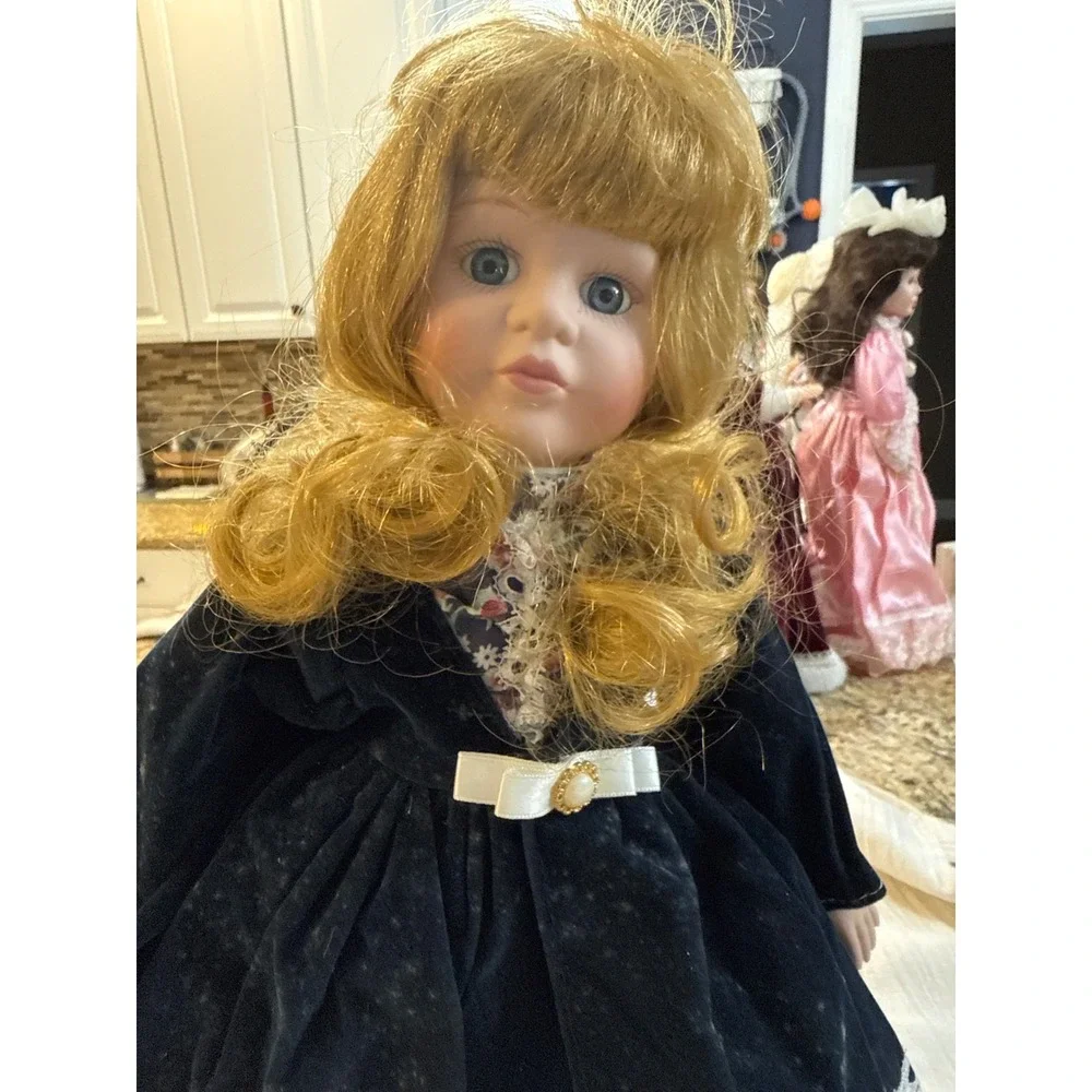 Vintage Porcelain Collector Doll 16 inch Blue Velvet Floral Lace Victorian Style